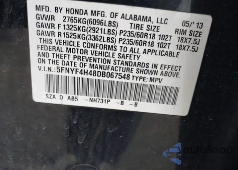 2013 Honda Pilot Ex z USA, uszkodzony, nr VIN 5FNYF4H48DB067548
